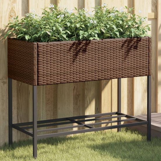 Lot de 2 bacs à fleurs résine tressée avec étagère de rangement 90x40x75 cm brun