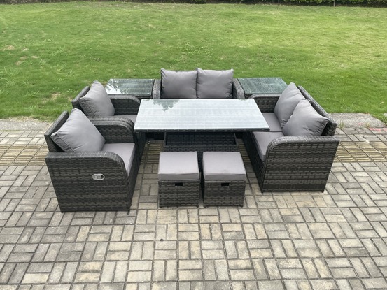 Pe rotin meubles de jardin ensemble extérieur hauteur réglable table à manger levante chaises inclinables canapé amour 2 tables