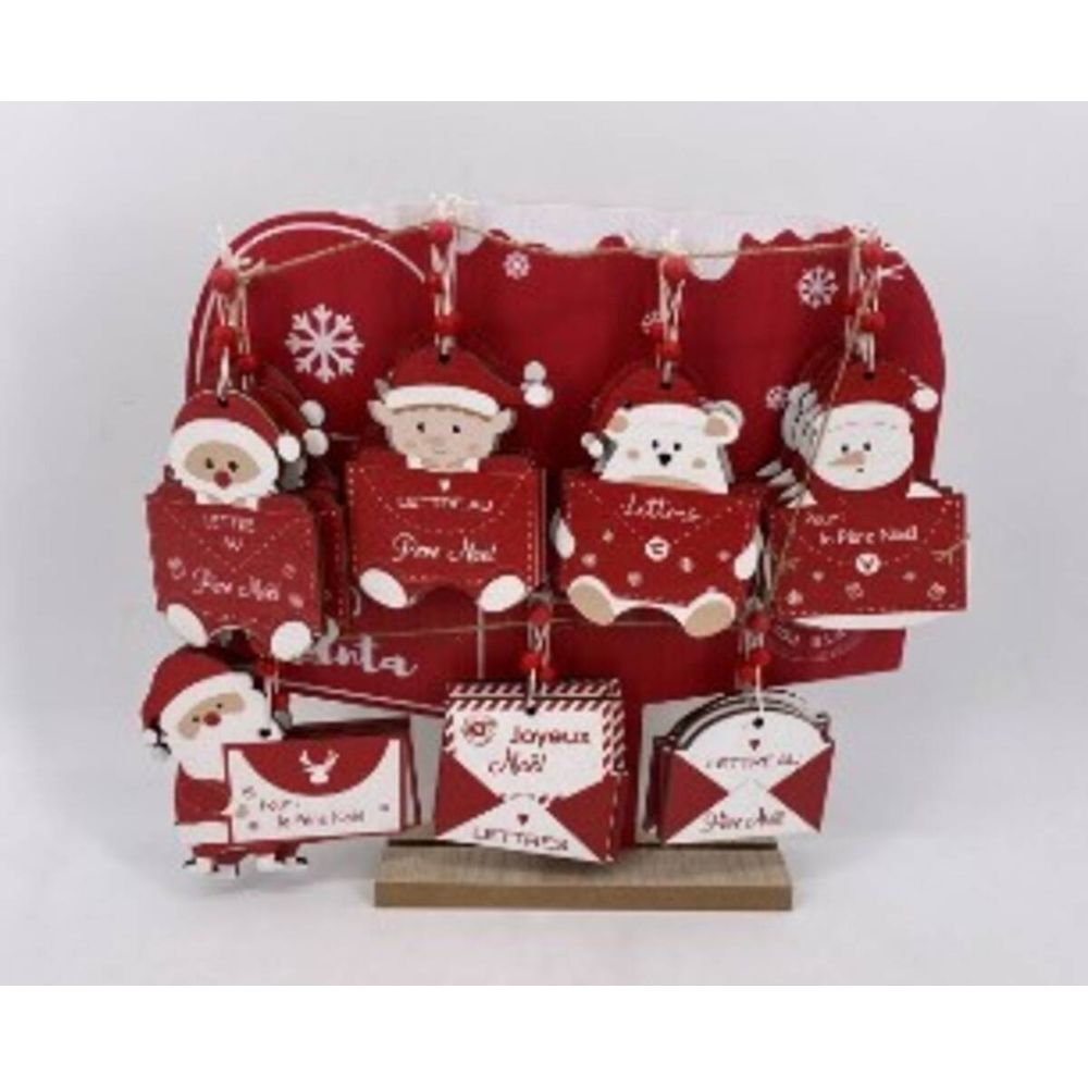 Décoration de sapin lettres sur présentoir en bois rouge et blanc