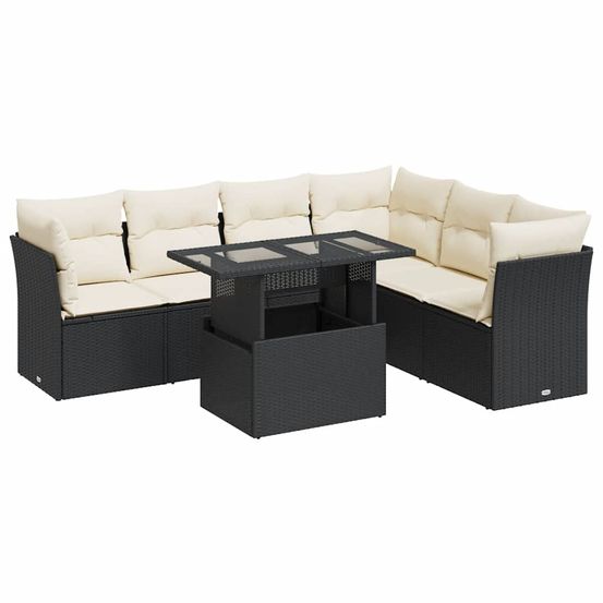 Salon de jardin 7 pcs avec coussins noir résine tressée
