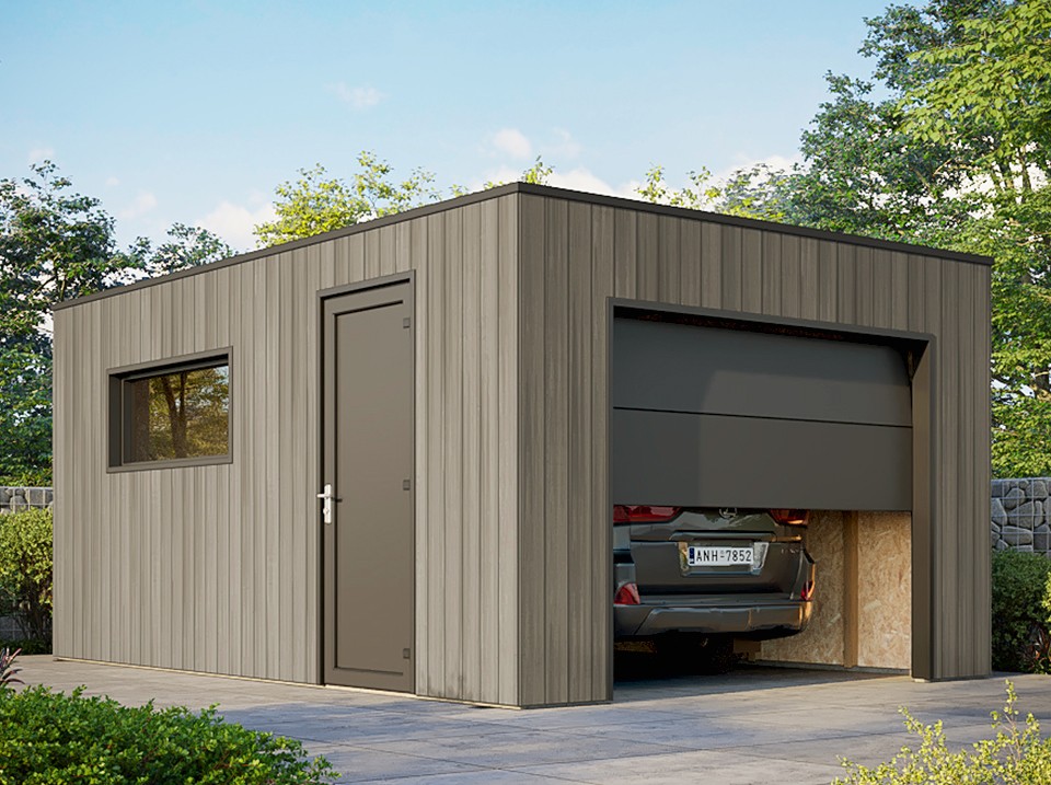 Garage bois composite silverstone - bardage couleur argent - surface : 20m² - porte sectionnelle motorisée - 2 télécommandes