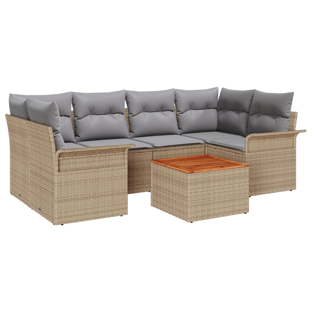 Ensemble de canapé de jardin 7 pièces avec coussins beige en rattan poly et acacia