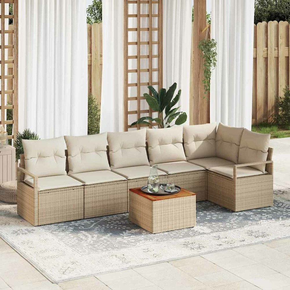 Ensemble de canapé de jardin avec coussin 7 pcs beige polyrotin