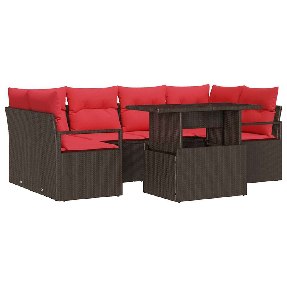 Ensemble de canapé de jardin 7 pcs marron et rouge polyrotin