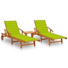 Lot de 2 transats chaise longue bain de soleil lit de jardin terrasse meuble d'extérieur avec table et coussins acacia solide
