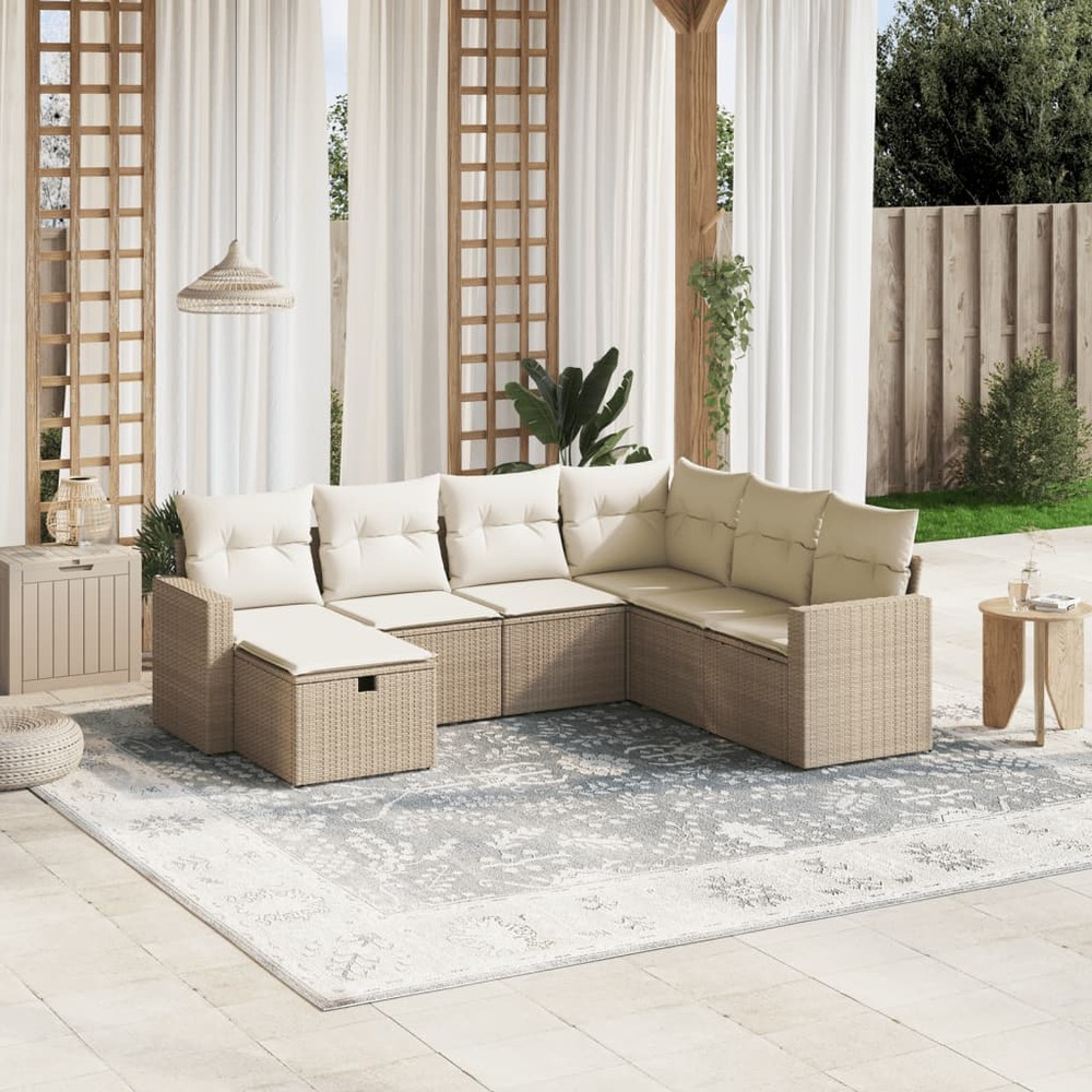 Salon de jardin avec coussins 7 pcs beige résine tressée
