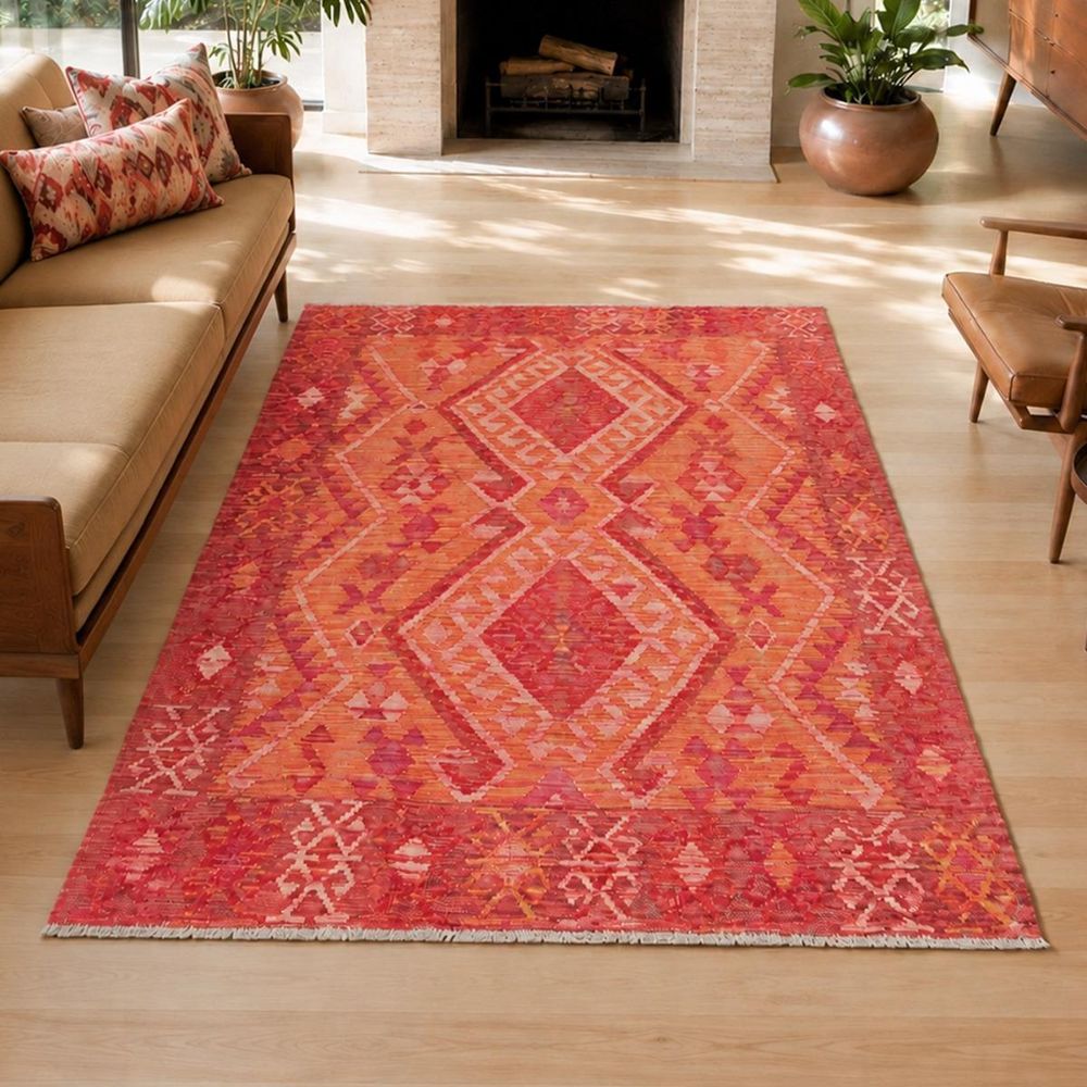 Tapis kilim 128 x 185 cm, orange, rose et rouge, laine naturelle, kilim 97