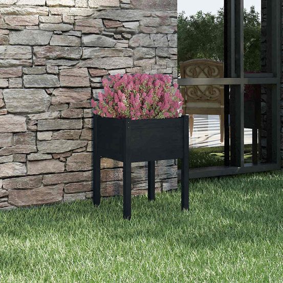 Grande jardinière haute en bois de pin massif pour jardin et terrasse noir 50x50x70 cm