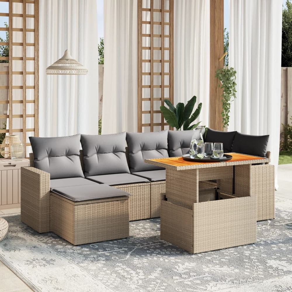 Salon de jardin avec coussins 7 pcs beige résine tressée