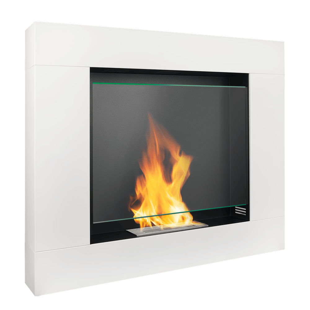 Cheminee bioethanol sur pied style cheminee 105 cm blanc mat avec vitre
