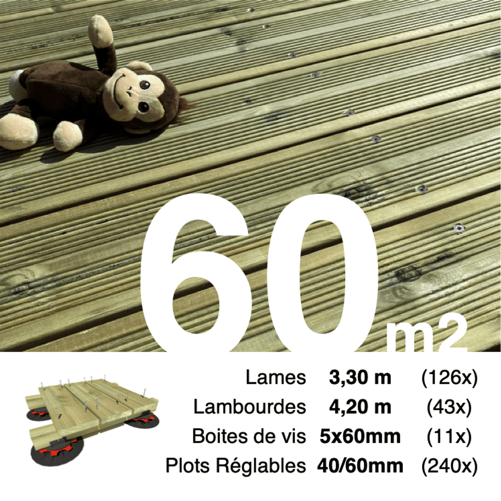 Kit complet terrasse pin autoclave vert pour 60 m², lames 3,3 m, lambourdes 4,2 m, plots réglables et visserie inox.
