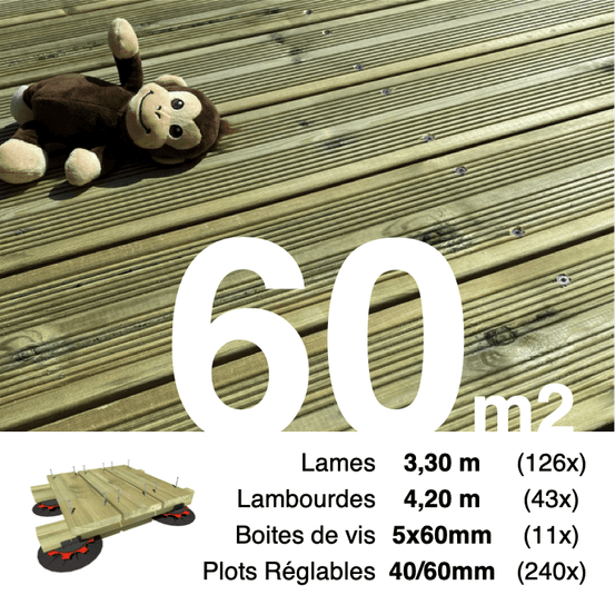 Kit complet terrasse pin autoclave vert pour 60 m², lames 3,3 m, lambourdes 4,2 m, plots réglables et visserie inox.