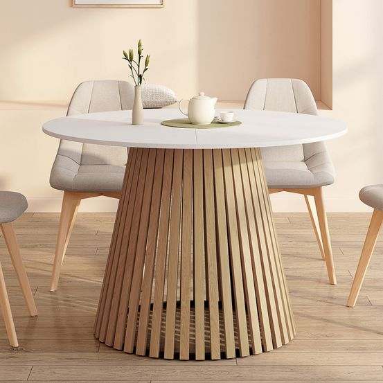 Table à manger ronde carmen 6 personnes pied bois en lattes et plateau bois blanc 110 cm