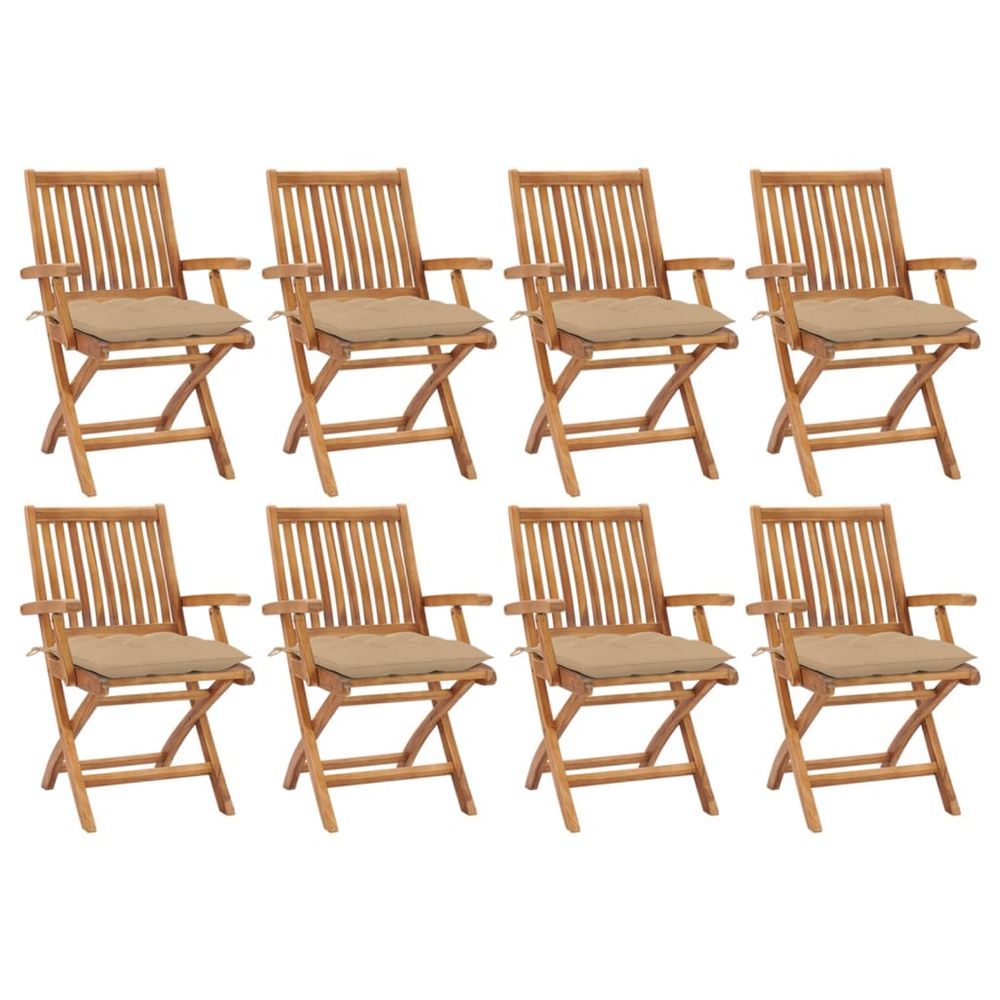 Chaises pliantes avec coussins, 8 pièces, en teck massif