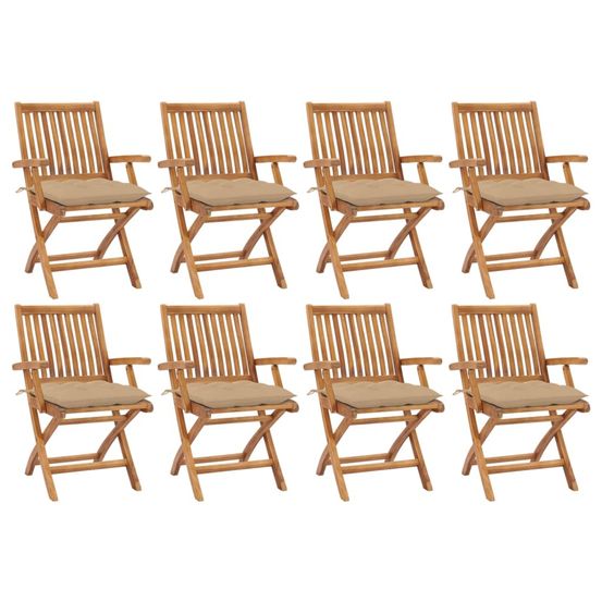 Chaises pliantes avec coussins, 8 pièces, en teck massif