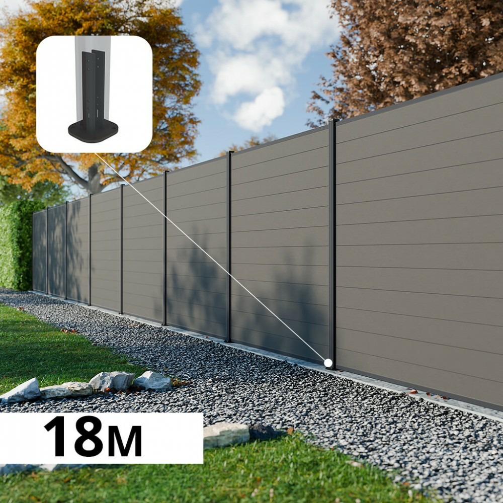 Kit clôture composite rio platines 18x1,8m - bois composite & aluminium - poteaux sur platines gris - brise vue - palissade