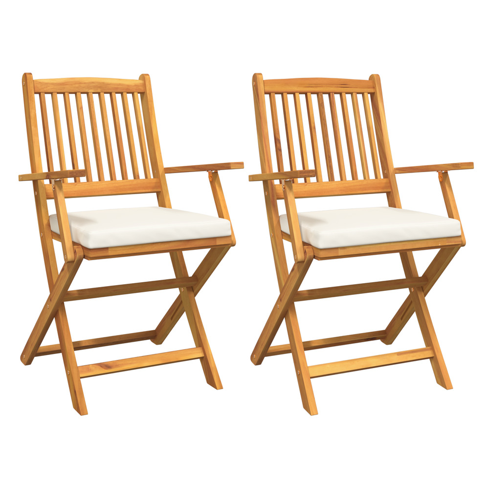 Chaises de jardin pliantes avec coussin blanc 2 pièces en bois d'acacia solide