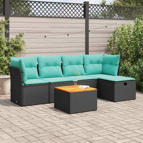 Salon de jardin 6 pcs avec coussins noir résine tressée