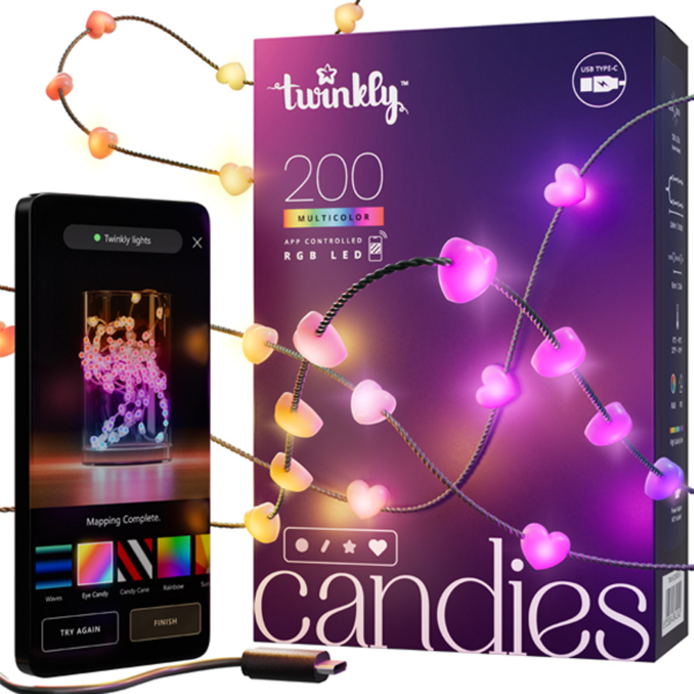 Guirlande coeur connectée ip20 12m 200 leds rgb fil vert twinkly candies