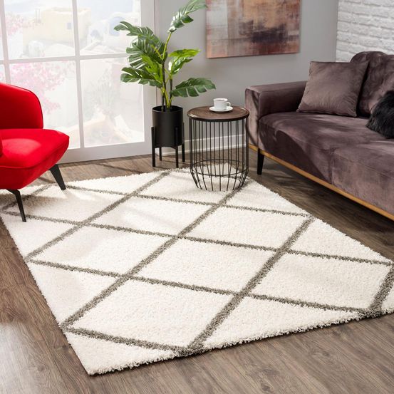 Tapis longs poils shaggy 160x230 rectangle tissé crème motif scandinave