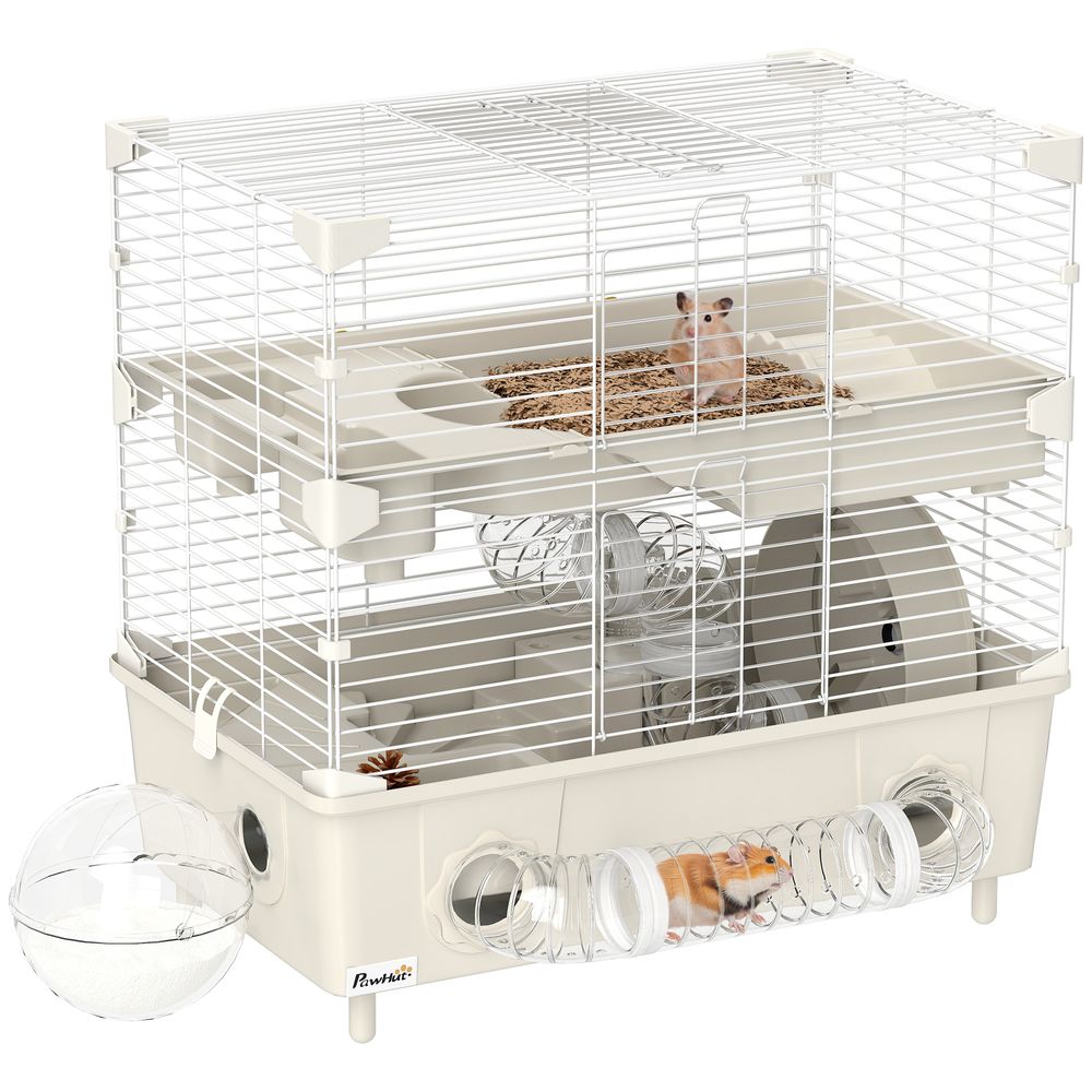 Cage acier pp hamsters 2 niveaux ventilation optimale tubes 44x28x44cm crème