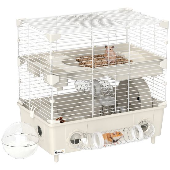 Cage acier pp hamsters 2 niveaux ventilation optimale tubes 44x28x44cm crème