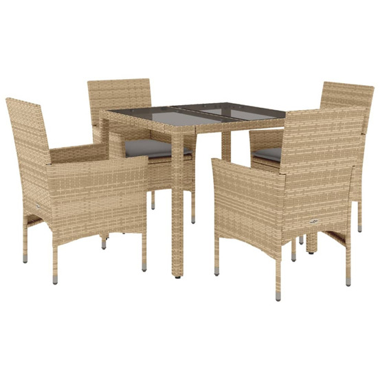 Ensemble à manger de jardin et coussins 5 pcs beige rotin verre