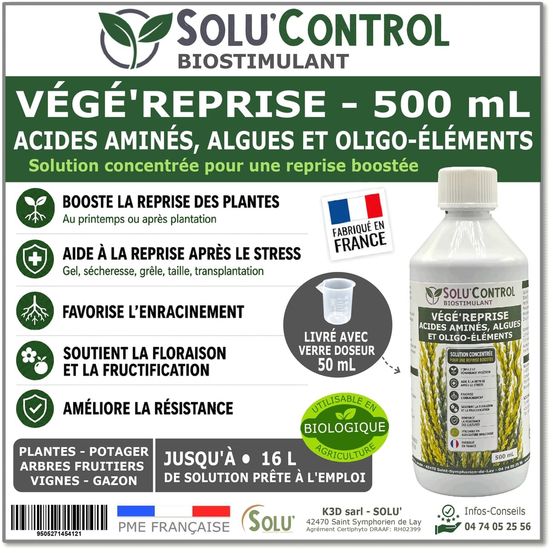 Végé'reprise 500 ml - biostimulant concentré aux acides aminés, algues et oligo-éléments solu'control - fabriqué en france - uab