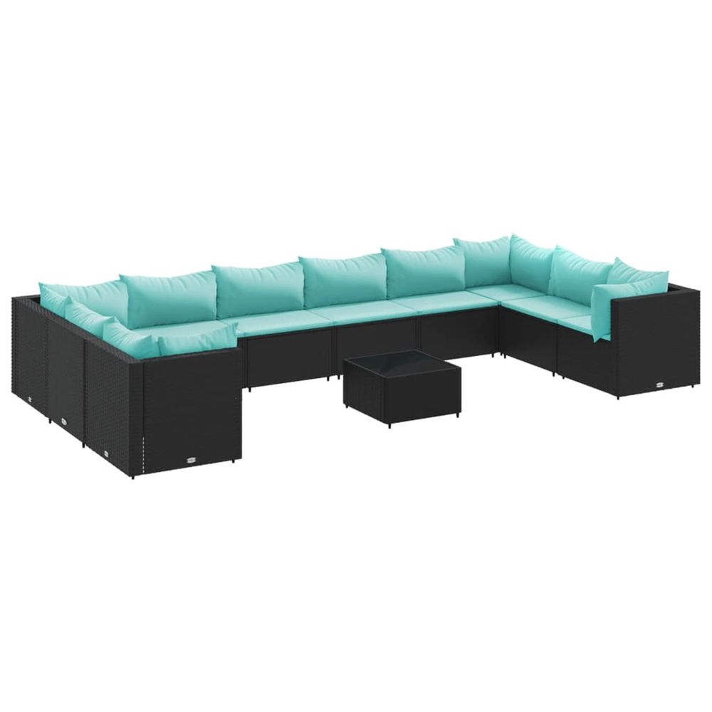 Salon de jardin 11 pcs avec coussins noir résine tressée
