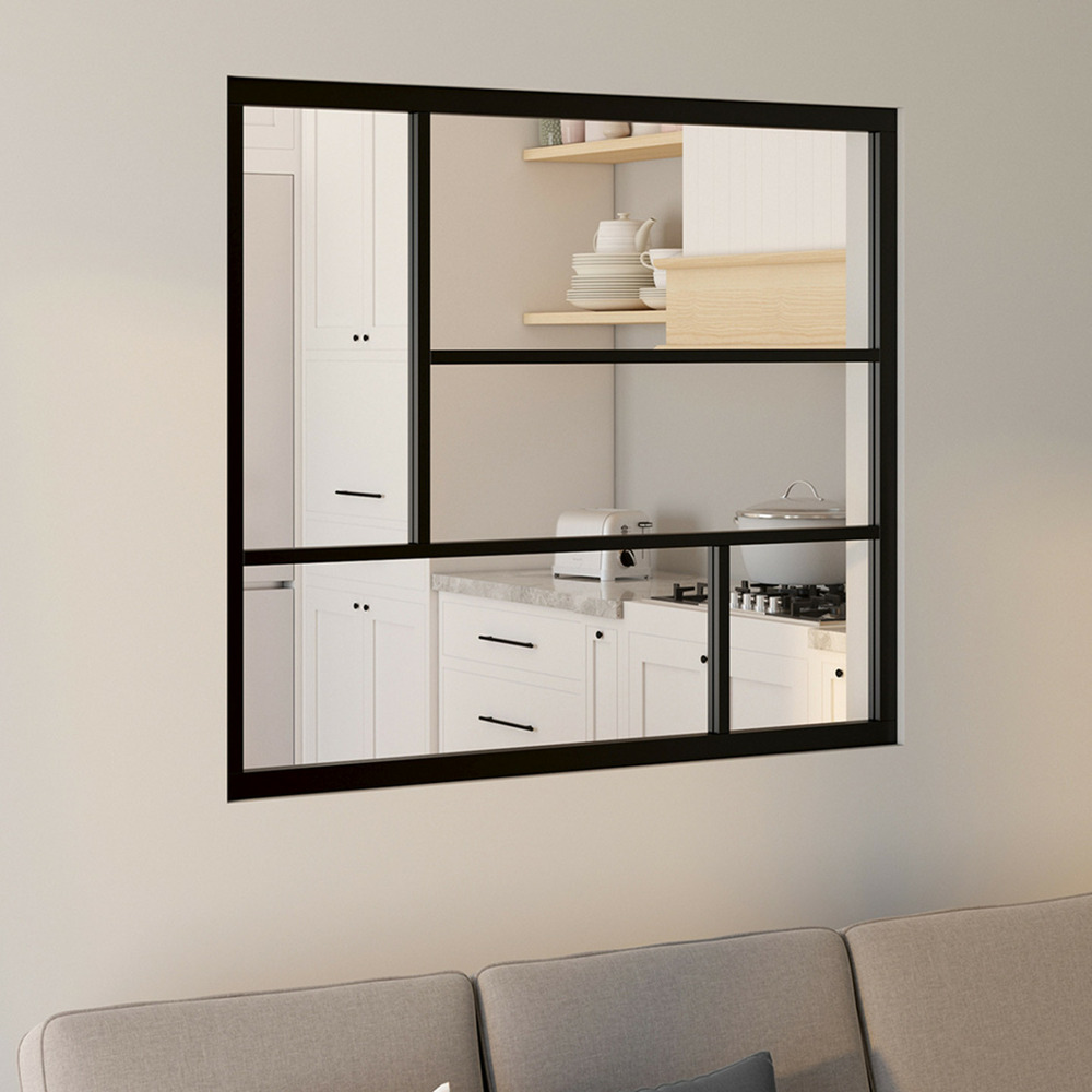 Verrière atelier géométrique l. 93 x h. 108 cm en métal noir et verre trempé