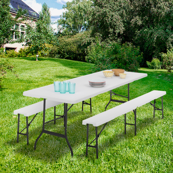 Table pliante d'appoint portable 180 cm et 2 bancs pliables pour camping ou réception