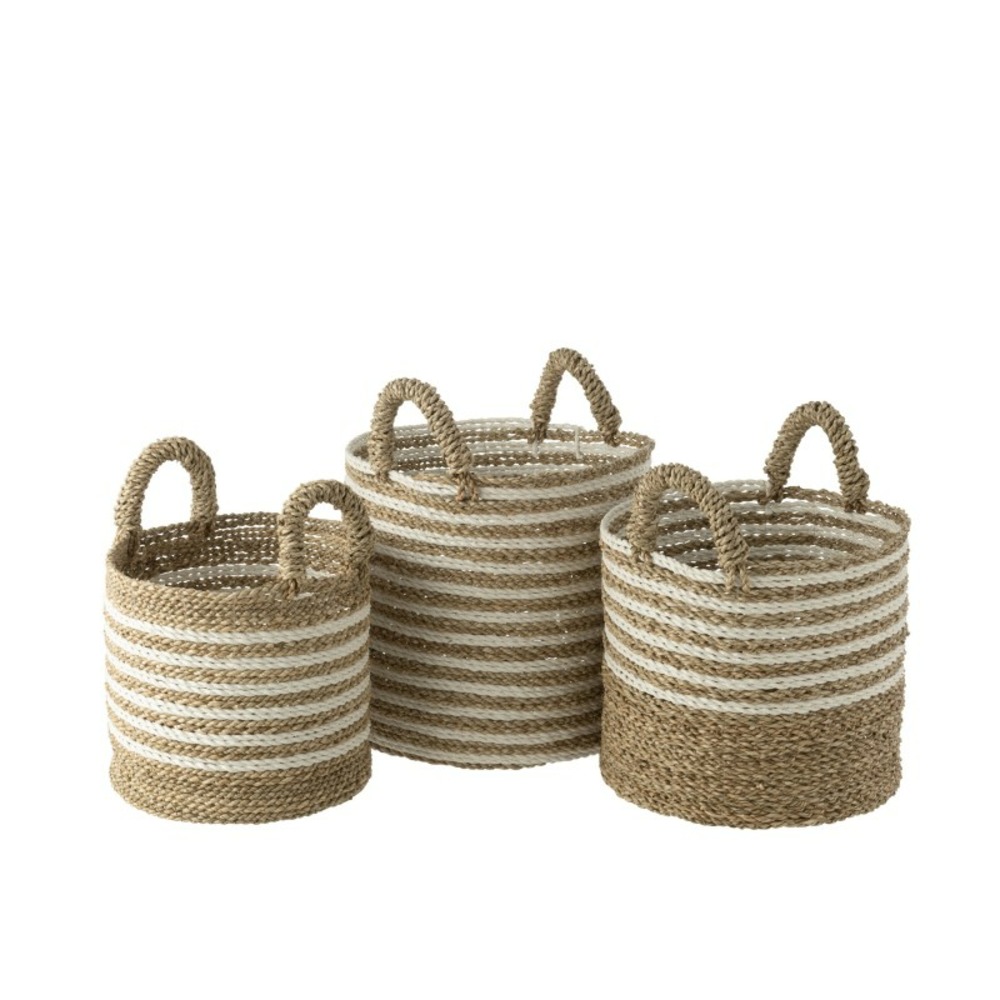 Set de 3 paniers rayés en raphia blanc et naturel d31 à d42cm