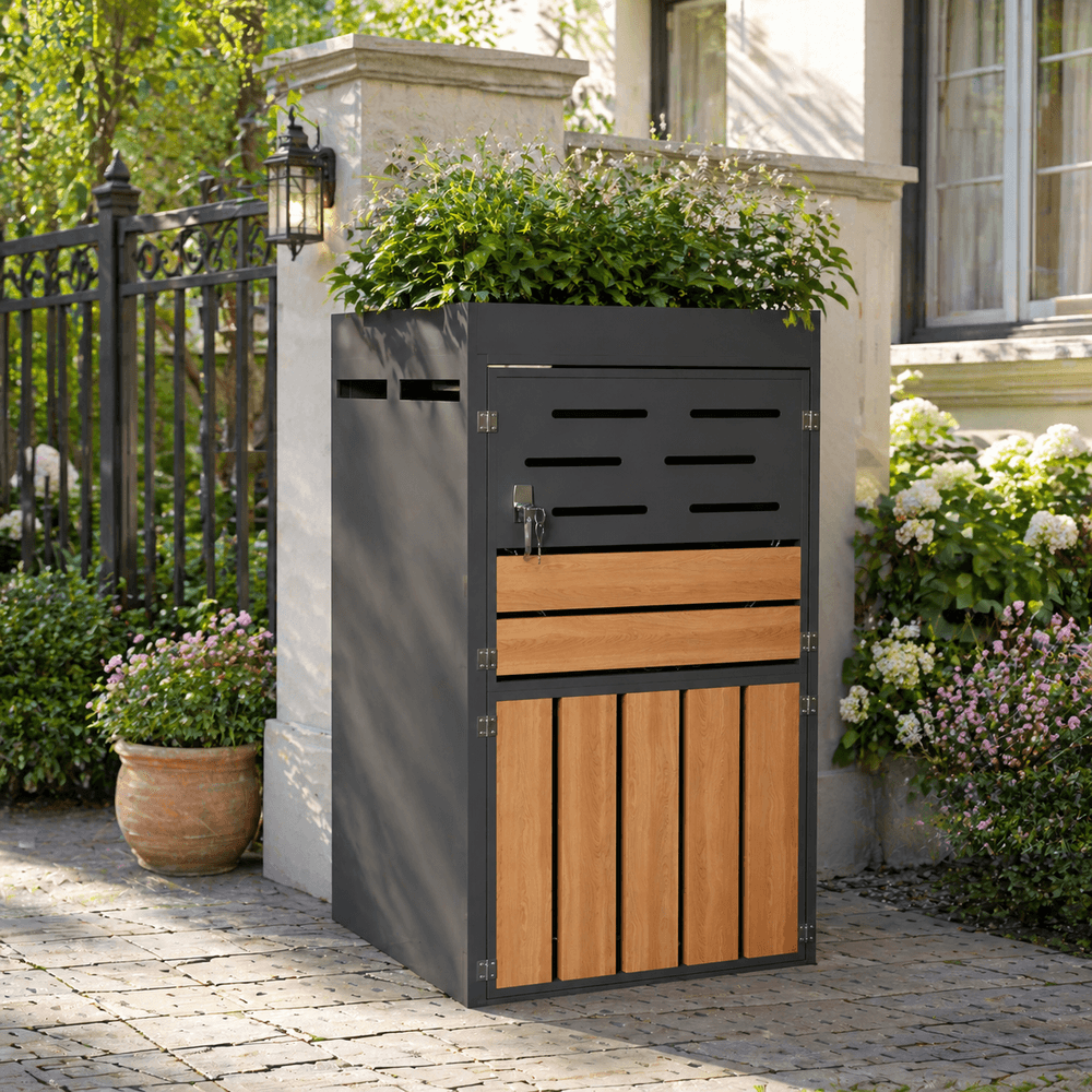 Cache-poubelle avec jardinière acier galvanisé extérieur aération et serrure 66x80x128cm gris - comfortxl outdoor living