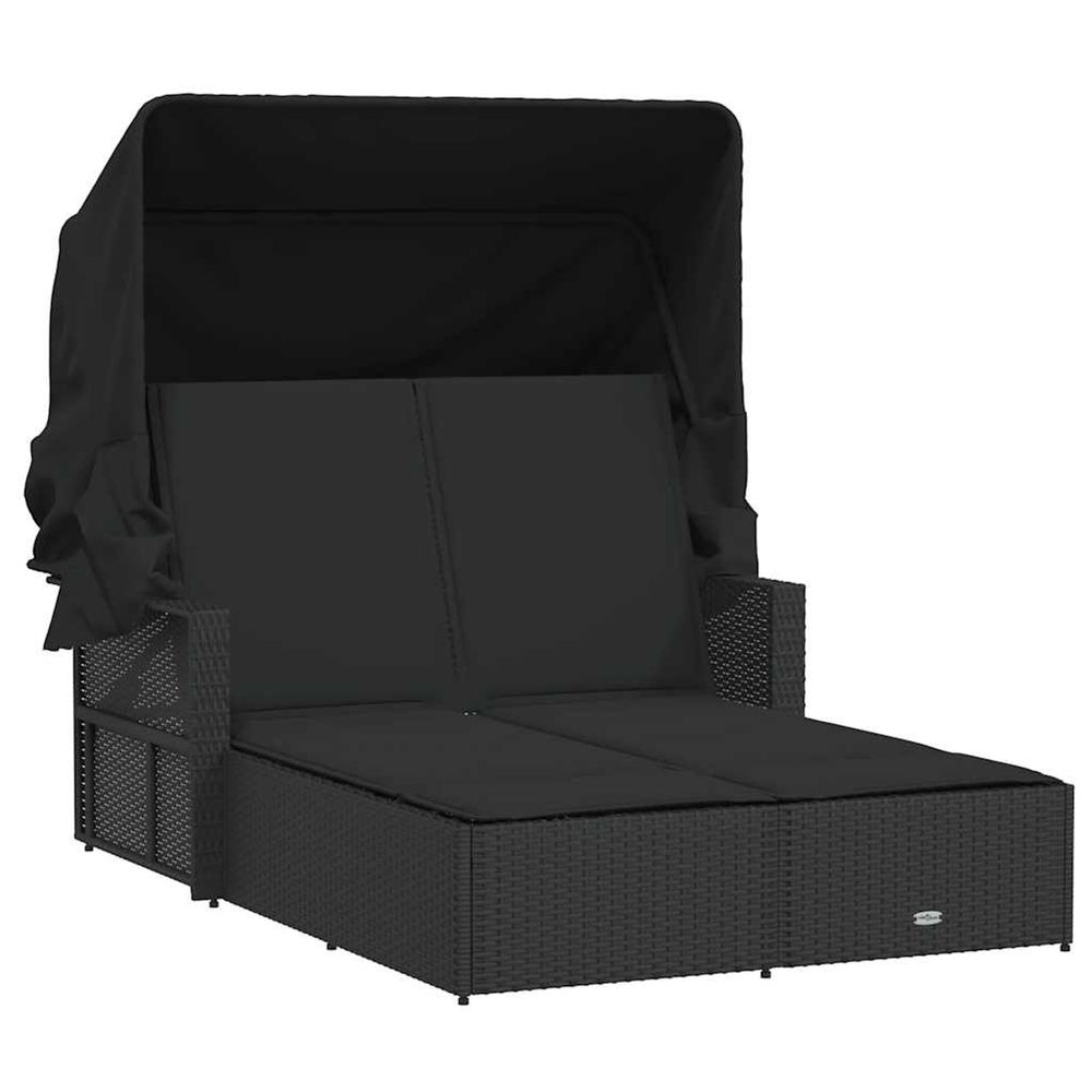 Chaise longue double et auvent et coussins noir résine tressée bain de soleil
