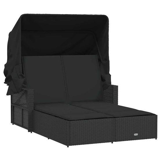 Chaise longue double et auvent et coussins noir résine tressée bain de soleil