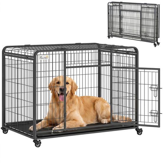 Cage pliable pour chien en métal 109,5 x 71 x 85 cm gris double porte sur roulettes