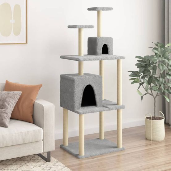 Grand arbre à chat en sisal avec 2 niches pour multi-chats gris clair 167 cm
