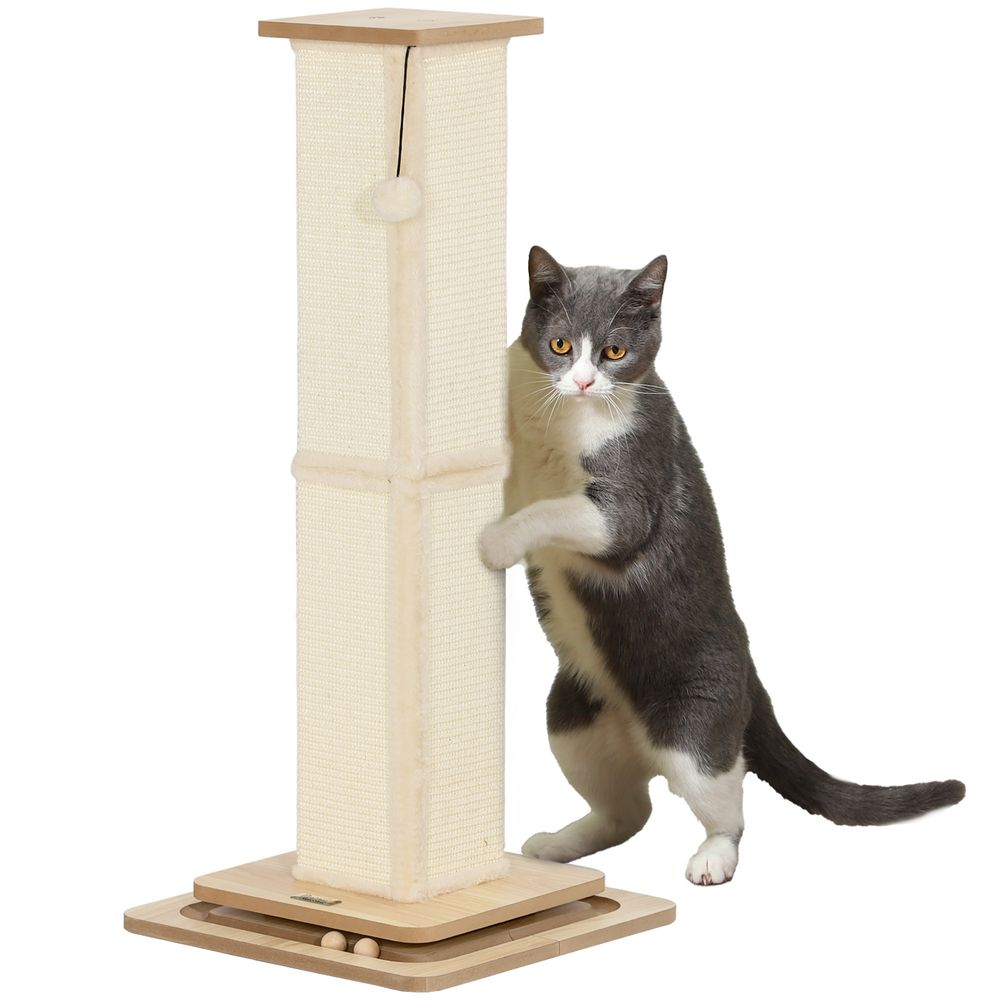 Poteau à griffer pour chat 87 cm en sisal avec circuit à billes et jouet suspendu chêne