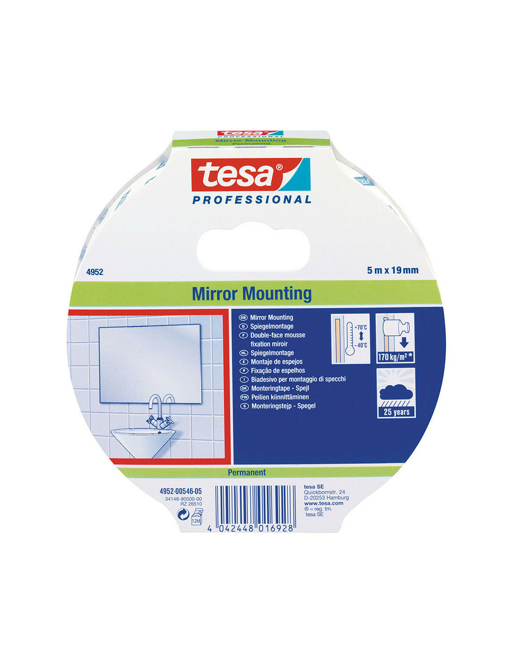 Ruban double face pour montage de miroir 5m x 19mm 4952 tesa