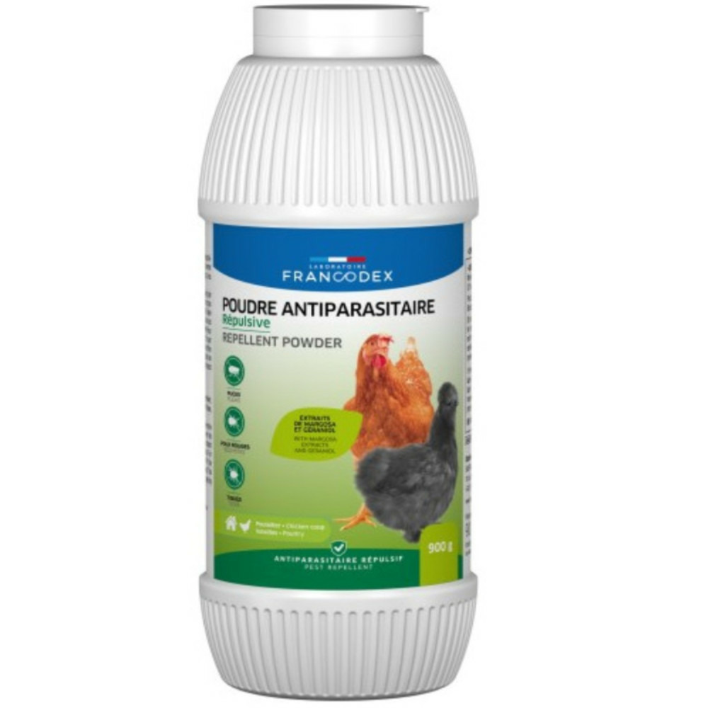 Poudre antiparasitaire répulsive 900 g, pour volaille.