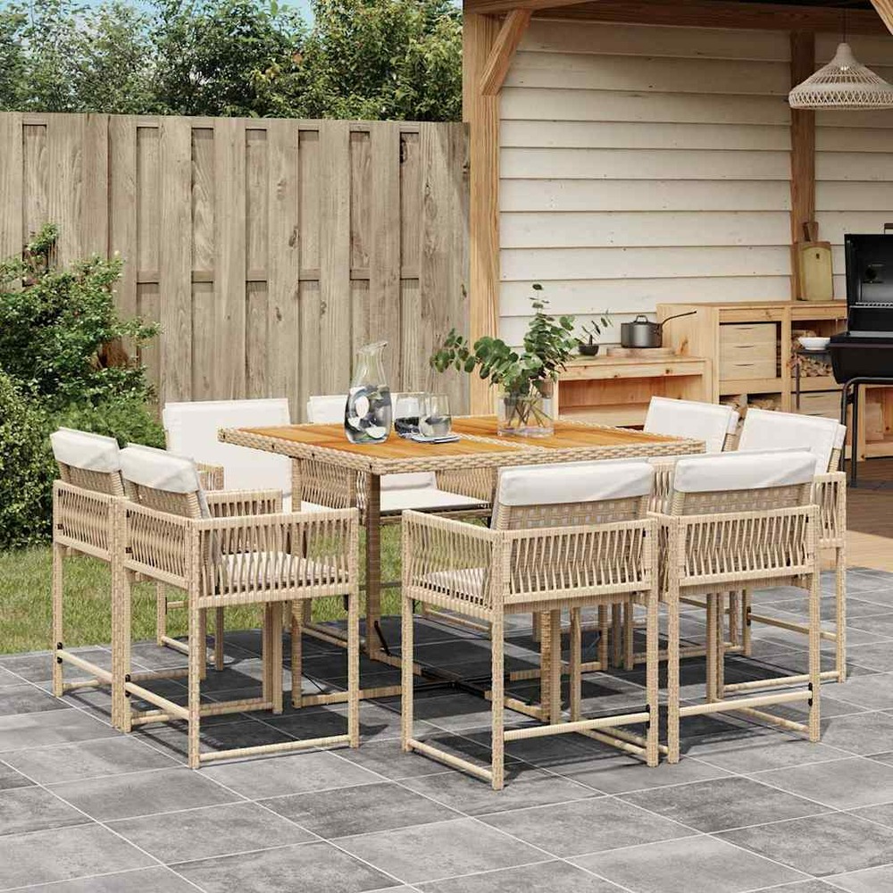 Ensemble à manger de jardin et coussins 9 pcs beige poly rotin