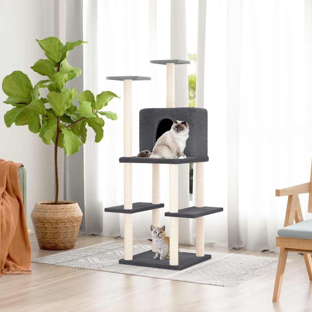 Grand arbre à chat en sisal et peluche avec niche et plateformes gris foncé 144,5 cm