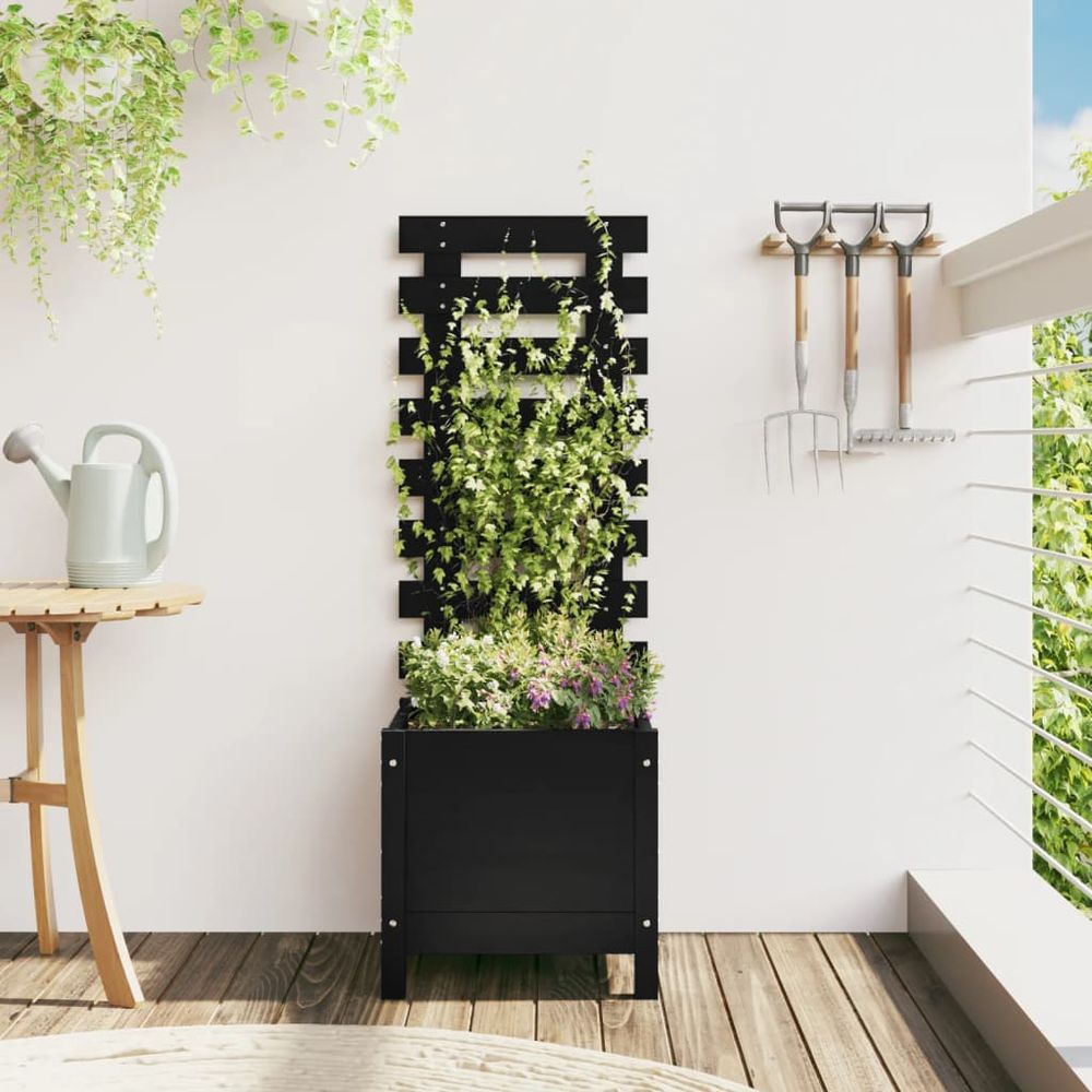 Jardinière avec treillis en bois de pin pour plantes grimpantes noir