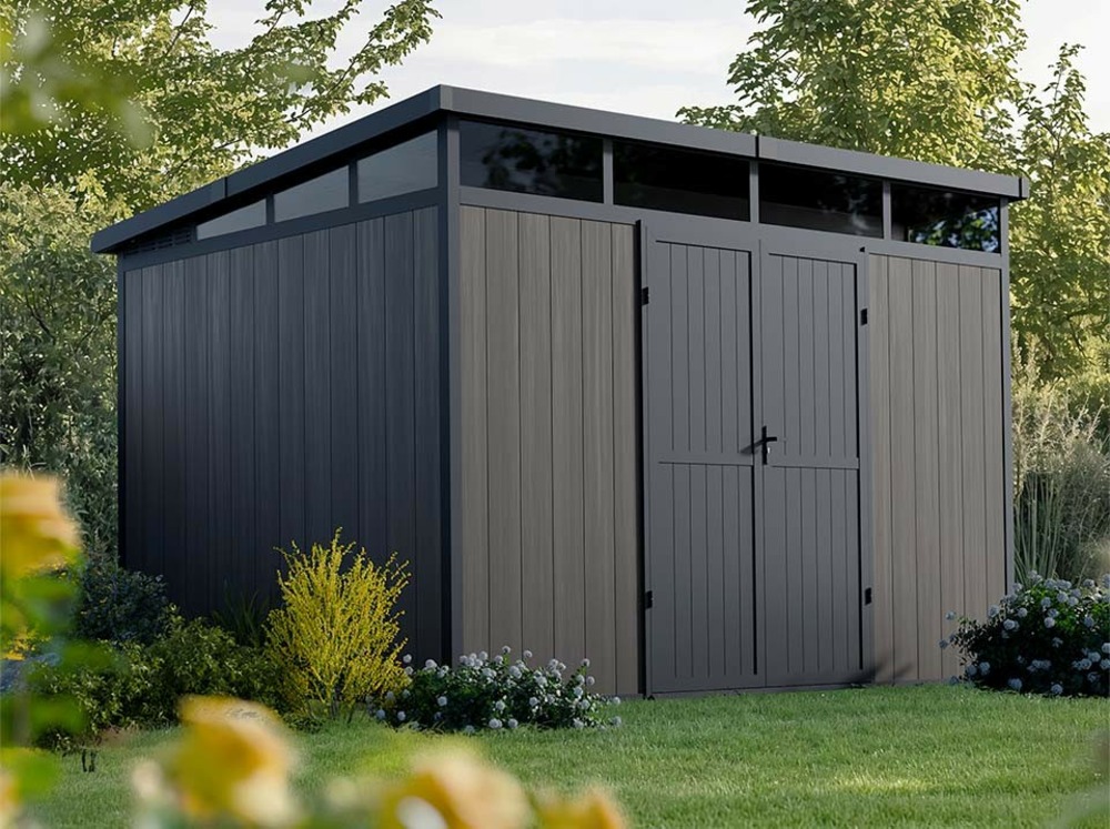 Abri de jardin bois composite 7,5m2 gris 363x223x227cm evora - cabane a outils - local a vélo