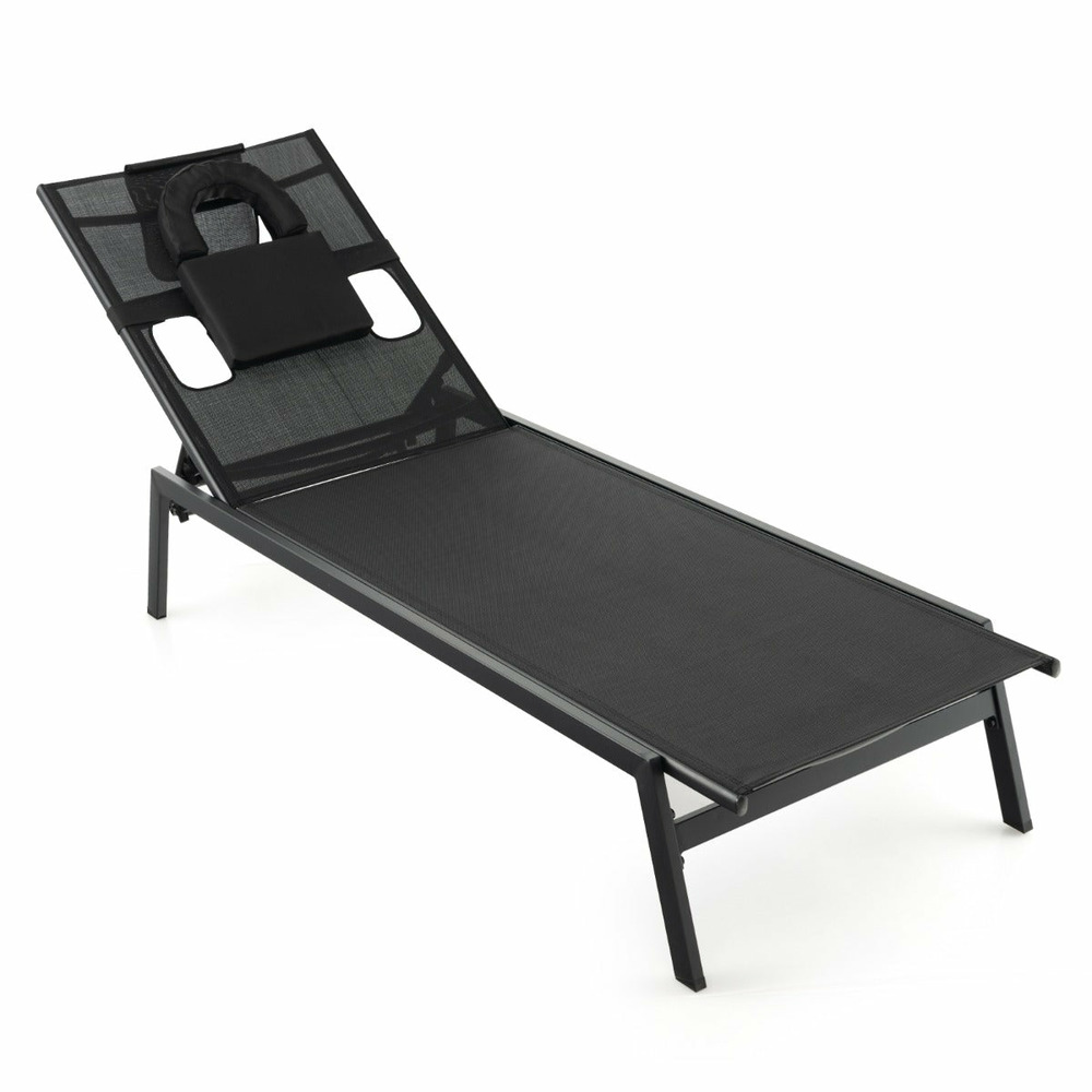Chaise longue d'extérieur en fer avec 1 face et 2 trous latéraux 5 positions de dossier appui-tête amovible 150 kg noir 20_00