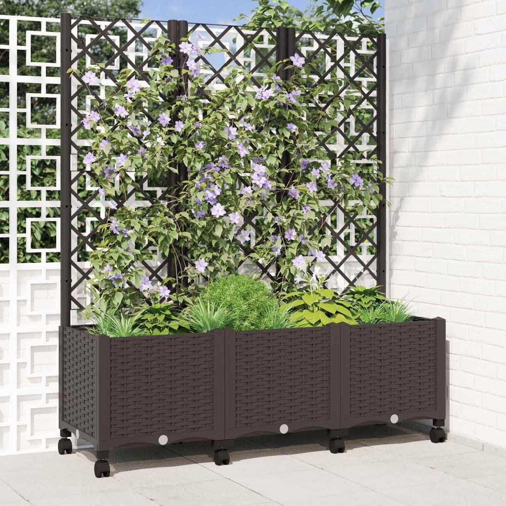 Bac rectangulaire avec treillis polypropylène jardin plantes grimpantes roues marron
