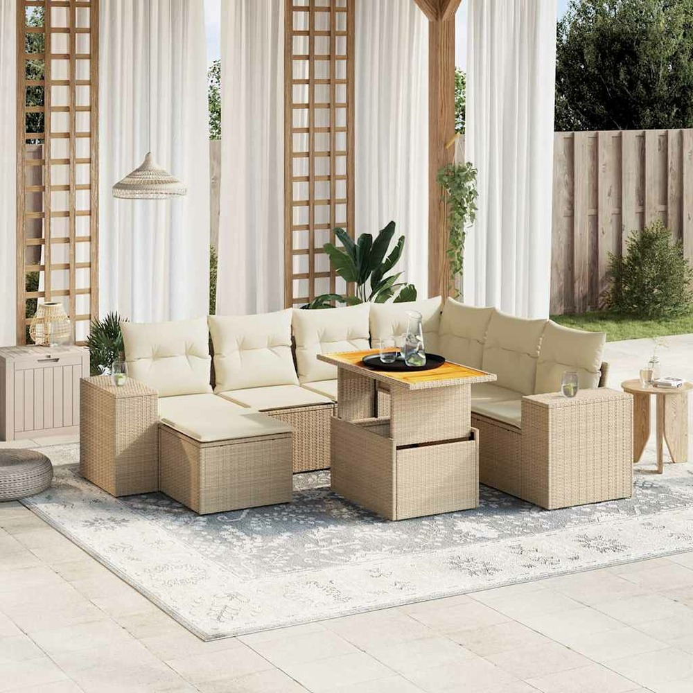 Salon de jardin avec coussins 8 pcs beige résine tressée