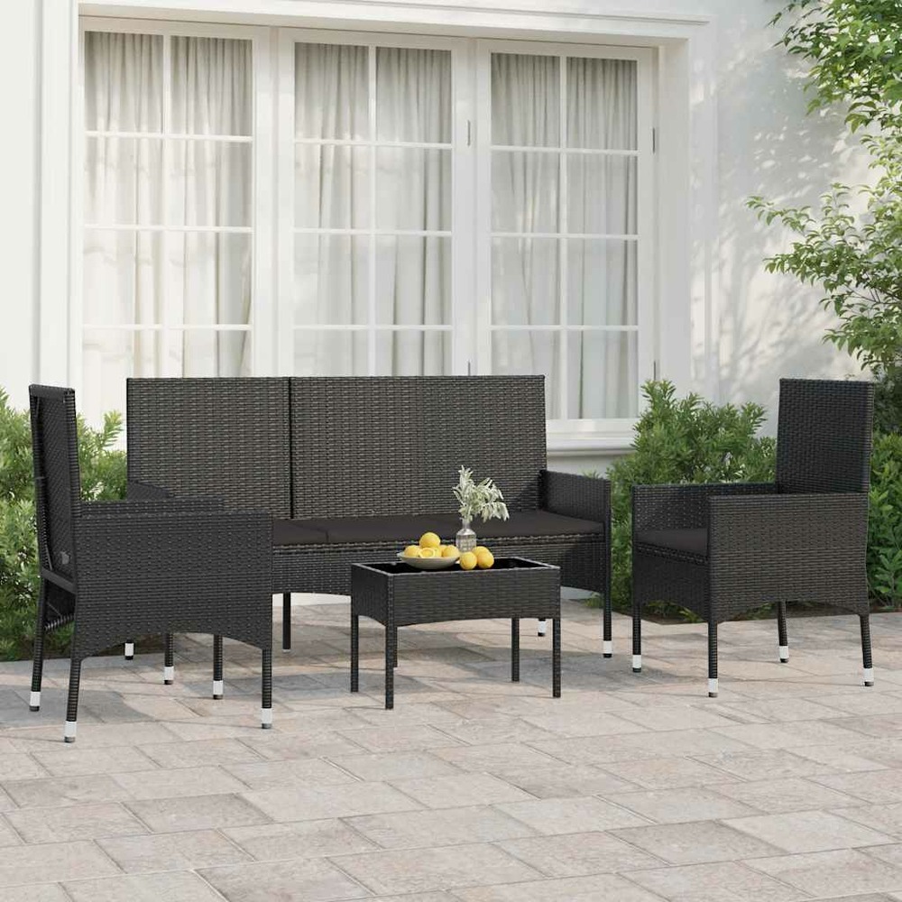 Salon de jardin 4 pcs avec coussins noir résine tressée