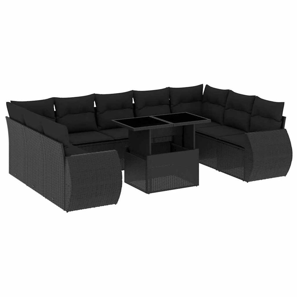 Salon de jardin 10 pcs avec coussins noir résine tressée