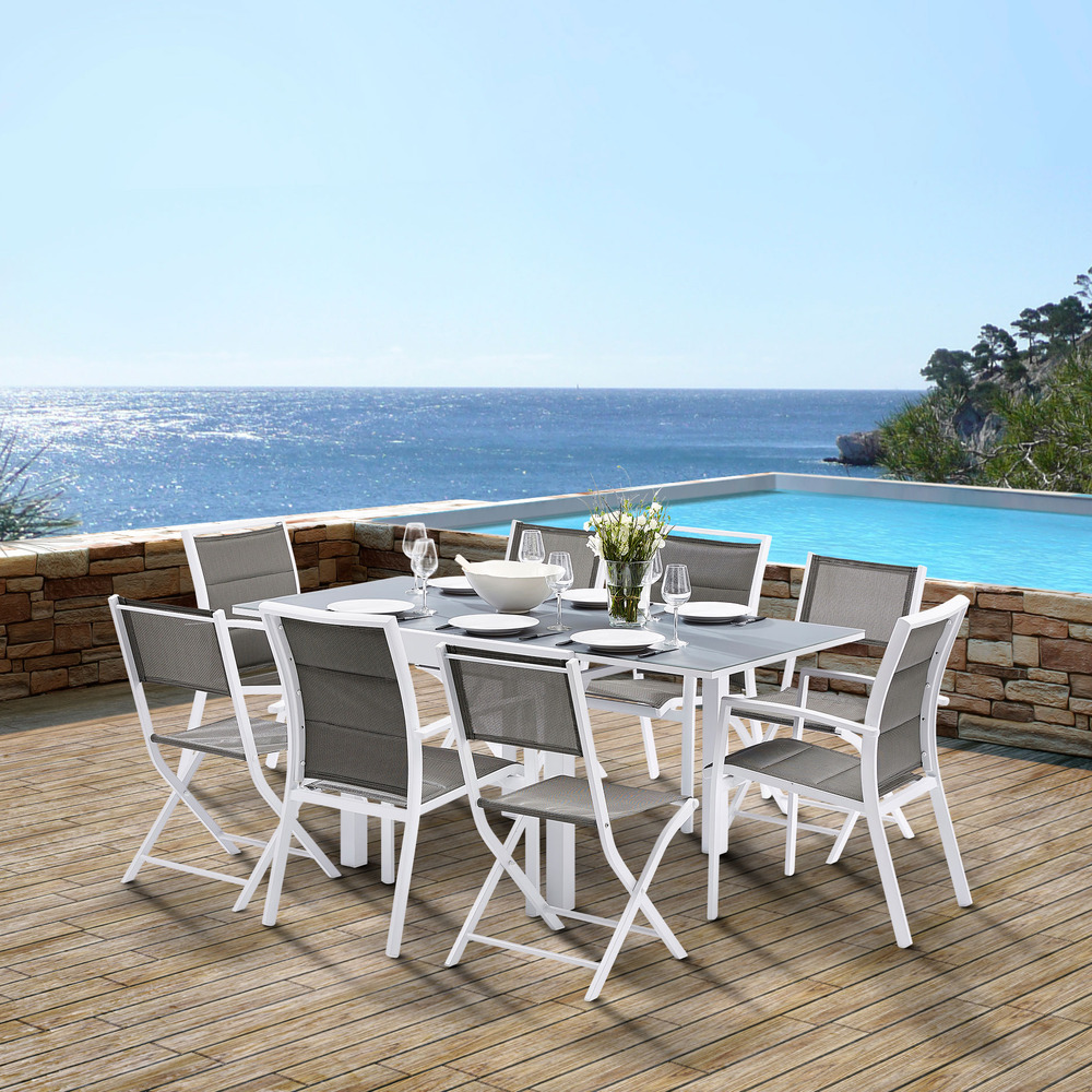 Ensemble modulo 4/8p en aluminium blanc et verre trempé gris perle avec 4 fauteuils en textilène